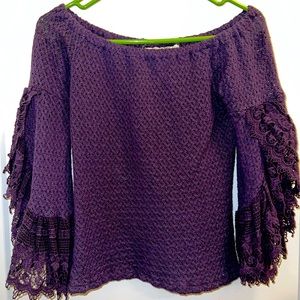 Jens Pirate Booty Purple knit crochet top w/ bell sleeves off shoulder size S